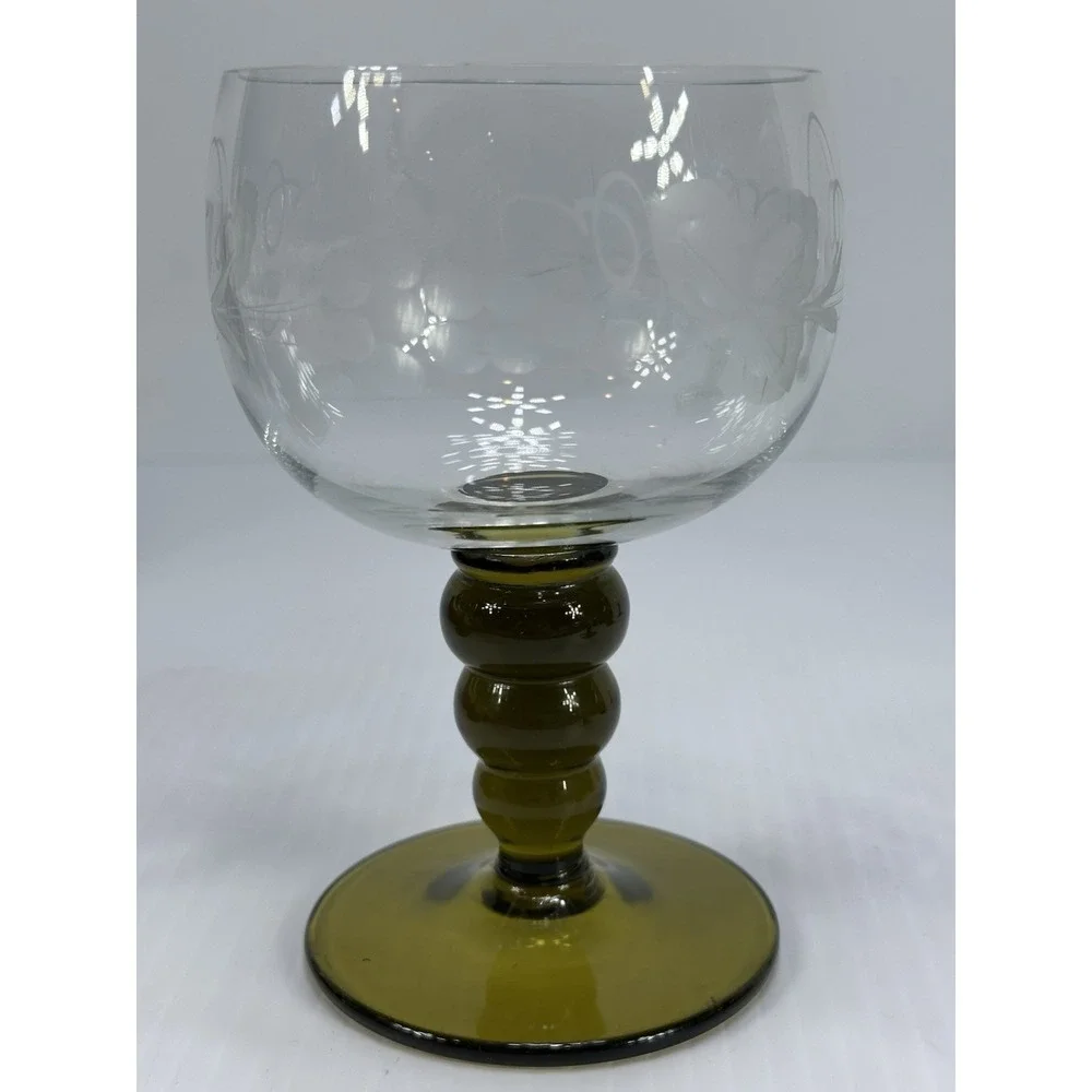 7 VTG Roemer Goblet Glasses Avocado Green Stem Etched Grapevine 2 Big 5 Smaller‎